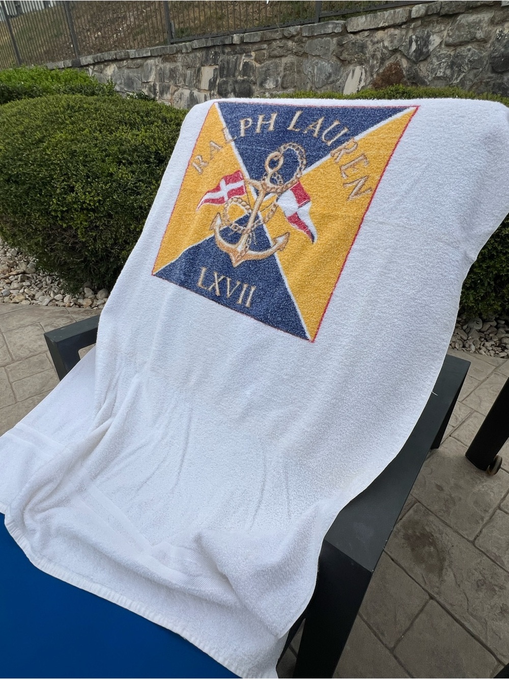 Ralph Lauren White Beach Towel with Navy and Gold Nautical Crest